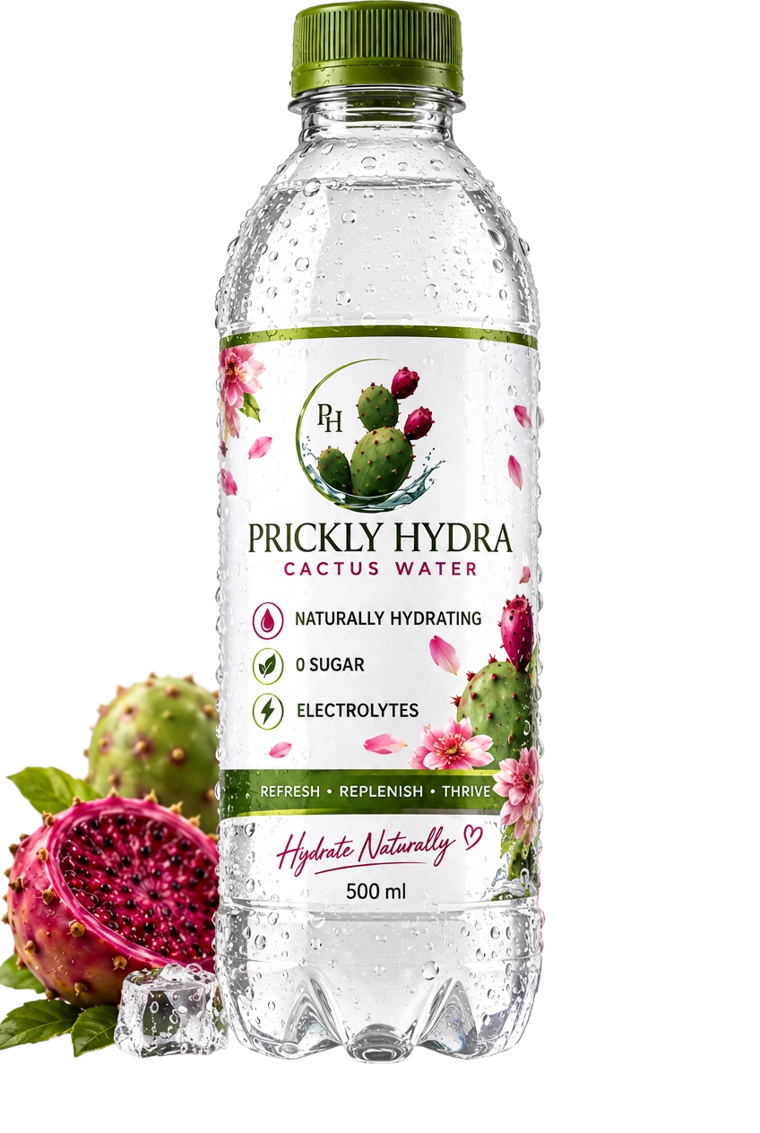 Prickly Hydra Cactus Water bottle with prickly pear fruit and ice